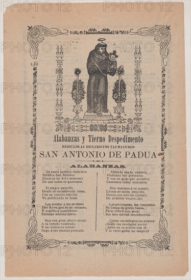 Broadsheet relating to Saint Anthony of Padua who is shown holding the Christ child flanked by a candelabra with flowers, ca. 1900-1913.