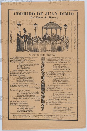 Broadsheet relating to the death of Juan Dimio, crowd of people gathered around a gazebo while a man wearing a top hat looks out toward viewer, 1918 (published).