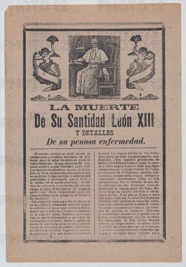 Broadsheet relating to the death of Pope Leo XIII, he is shown in his study flanked by angels, ca. 1900-1913.