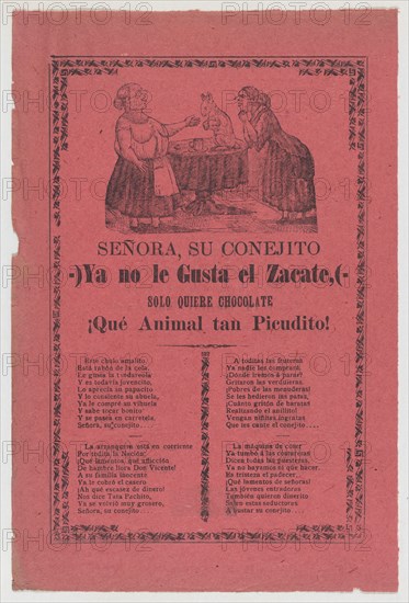 Broadsheet relating to the rabbit that does not like hay but only chocolate, a corrida in the bottom section, 1903.