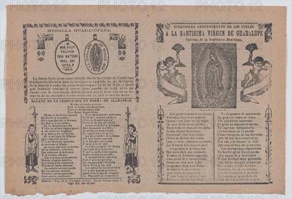 Broadsheet relating to the Virgin of Guadalupe who is shown flanked by angels, 1901.