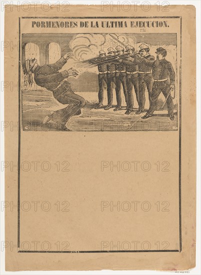 Broadsheet showing a blindfolded man being executed (no letterpress in bottom section), ca. 1890-1910.
