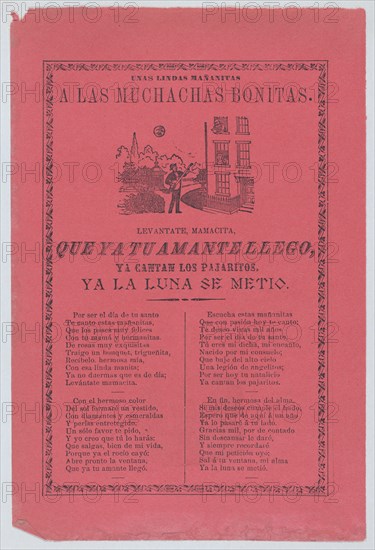 Broadsheet with a ballad about a man who stands outside his lover's window and sings to her, ca.1905.