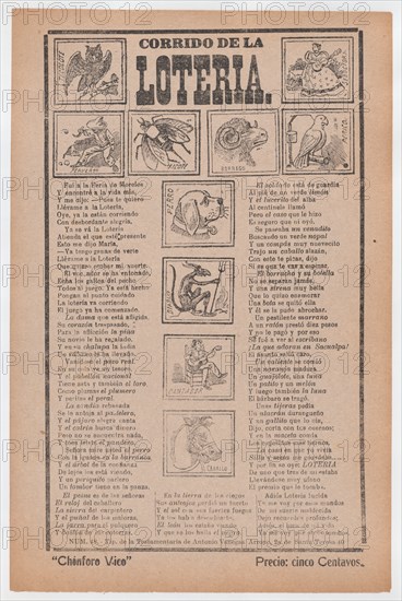 Broadsheet with a ballad about bingo, illustrations of different animals and people, ca. 1910-1913.