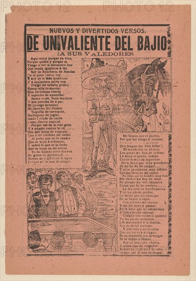 Broadsheet with a caricature of a horseman and his horse and a group of men playing billiards, 1902.