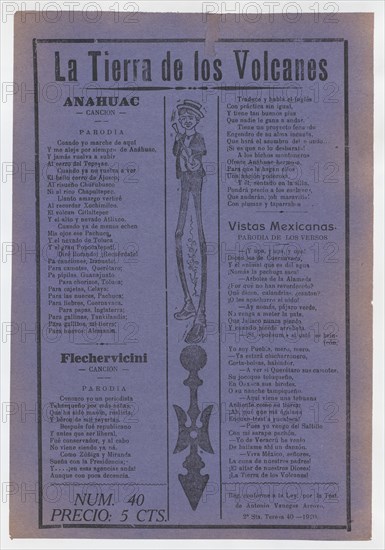 Broadsheet with comic ballads about Mexico, figure with long legs playing the guitar, 1920 (published).