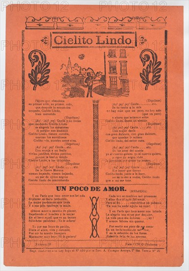 Broadsheet with love songs, man playing an instrument and singing outside of his lover's window, ca. 1900-1913.