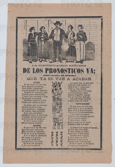 Broadsheet with monthly horoscopes; a group of women surrounding one man and a crowd of people raising their arms, 1903.