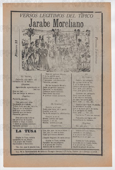 Broadsheet with songs for a Mexican courtship dance called the 'Jarabe Moreliano', a crowd of people and muscians, ca. 1919 (published).