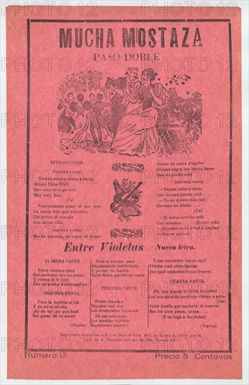 Broadsheet with songs for a two-step dance (paso doble), a man and woman talking while elegantly dressed couples dance in the background, ca. 1918 (published).