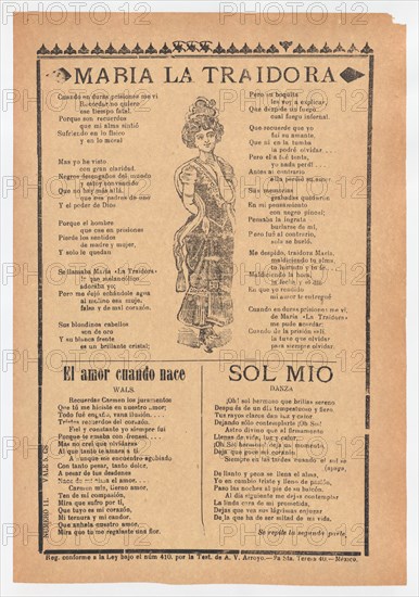 Broadsheet with three ballads about love, a woman wearing a dress and hat placing one hand to her chest and the other behind her back, ca.1920 (published).