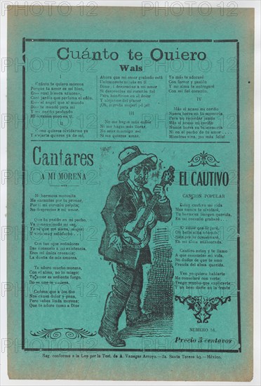 Broadsheet with three love songs; a man singing and playing the guitar, ca.1900-1920 (published).