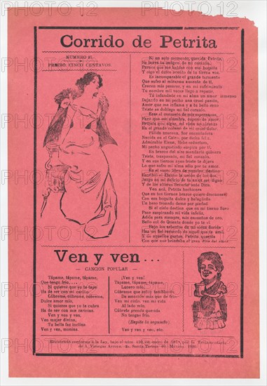 Broadsheet with two different love songs, woman wearing an evening gown sitting on the edge of her seat and another woman holding a cup, ca. 1918 (published).