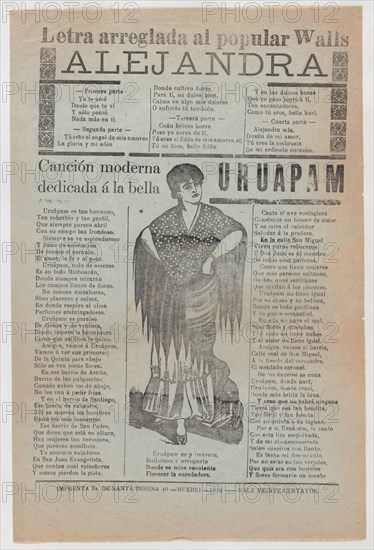 Broadsheet with two love ballads about desirable women, a woman wearing a shawl and a skirt with her hands placed on her hips, 1916 (published).