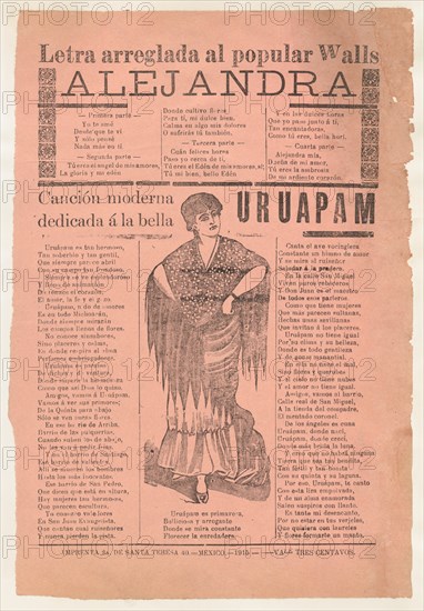 Broadsheet with two narrative love ballads about desirable women, woman wearing a shawl and a skirt with her hands placed on her hips, 1915 (published).