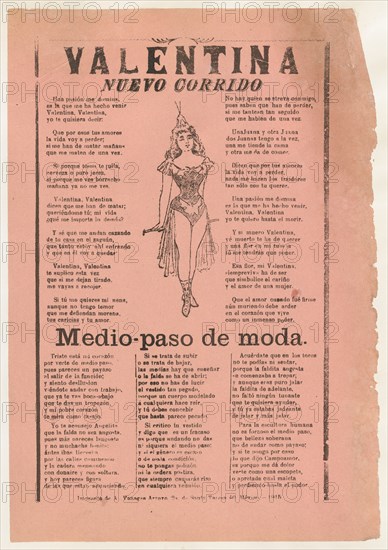 Broadsheet with two narrative love ballads, woman wearing a costume consisting of a leotard,cape, and boots, 1915 (published).