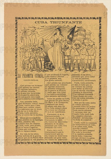 Broadside celebrating Cuba's victory over Spain in the Spanish American War, soldiers holding the Cuban flag and flanking the alleogorical figure of Cuba, ca. 1900-1913.