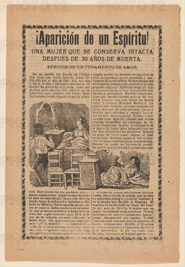 Broadside relating to a news story about an apparition of a spirit, women sitting up in bed looking at a ghost, ca. 1900-1913.