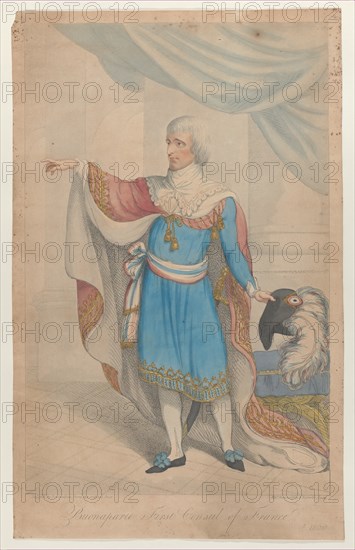 Buonaparte First Consul of France, 1800-04. full-length, in the costume of the Directoire, holding his hat, with a large ostrich-feather, in his left hand while his right arm is extended as he points with his forefinger