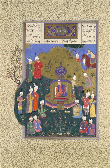 Buzurjmihr Appears at Nushirvan's Fifth Assembly, Folio 622r from the Shahnama (Book of Kings) of Shah Tahmasp, ca. 1530-35.