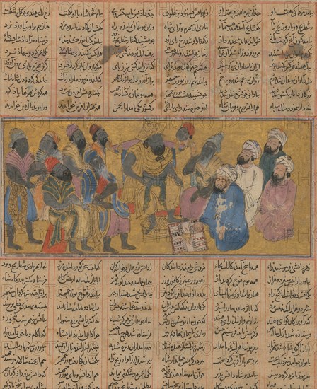 Buzurjmihr Explains the Game of Backgammon (Nard) to the Raja of Hind, Folio from the First Small Shahnama (Book of Kings), ca. 1300-30.