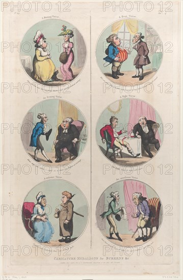 Caricature Medallions for Screens &c: A Morning Visitor, An Evening Visitor, A Welcome Visitor, A Noon Visitor, A Night Visitor, An Unwelcome Visitor, April 1, 1800.
