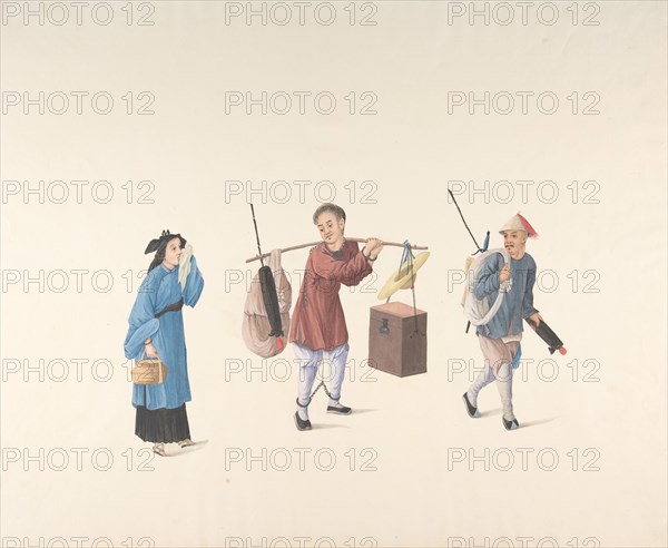 Chinese Woman, Man with Legs Chained and Another Carrying Parasol and Bundle, 19th century.