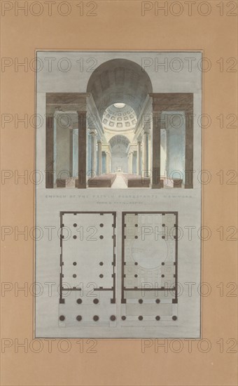 Church of the French Protestants (Eglise Français du Saint Esprit), New York (section and plan), 1831-34.