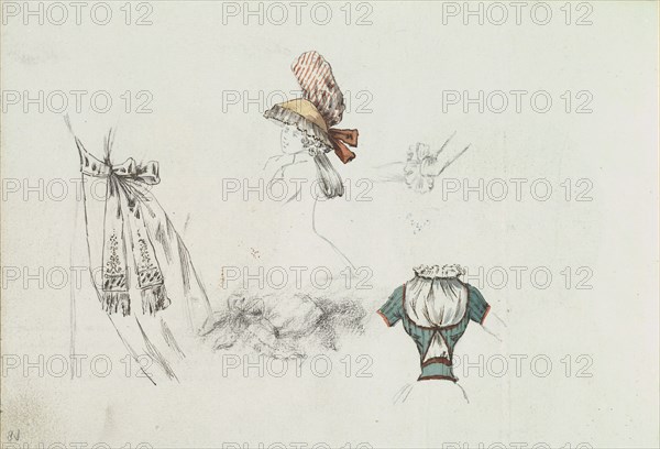 Costume Design Sketches including a Bouffant Skirt, Hat, and Bodice, ca. 1785-90.