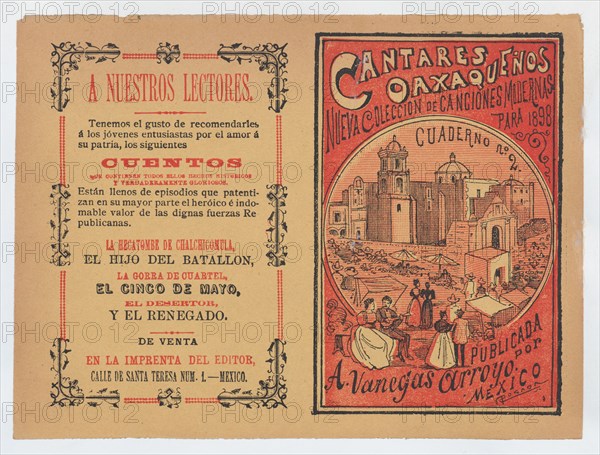 Cover for 'Cantares Oaxaqueños: Nueva Coleccion de Canciones Modernas para 1898', couples walking arm in arm on the outskirts of a town, ca. 1898.