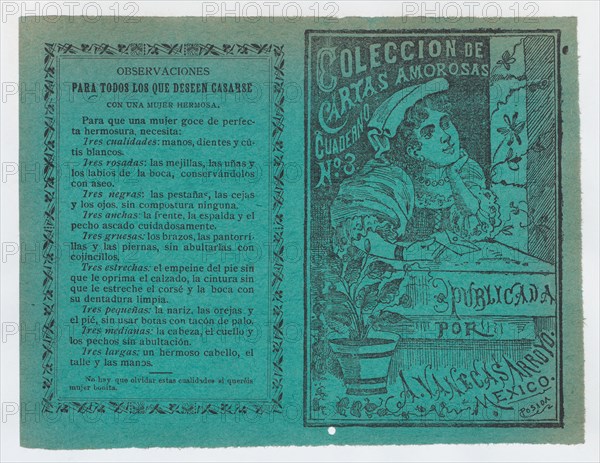 Cover for 'Coleccion de Cartas Amorosas Cuaderno No. 3', a young woman holding a letter and resting her head on her hand as she looks out a window, ca. 1900.