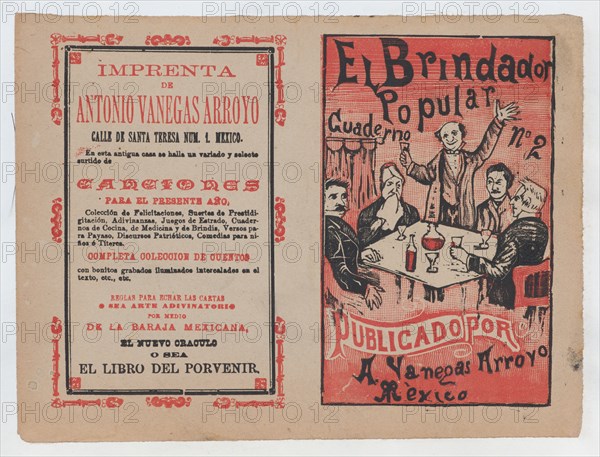 Cover for 'El Brindador Popular', a man raising a toast to a group of people seated around a table, ca. 1880-1910.