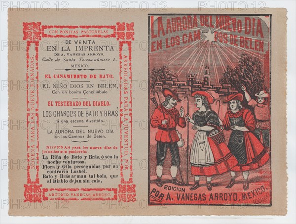 Cover for 'La Aurora del Nuevo Dia en los Campos de Belen', villagers holding shepherd's hooks and walking in the countryside, ca. 1890-1910.