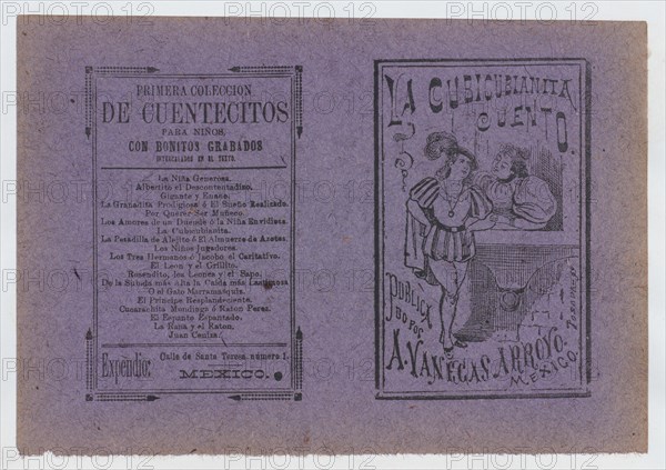 Cover for 'La Cubicubianita Cuento', a figure wearing a feathered hat leaning on a windowsill and talking to a woman, ca. 1890-1910.