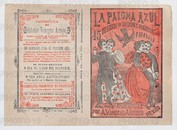 Cover for 'La Paloma Azul : Coleccion de Canciones Modernas Para 1901', two couples dancing while a dove flies in between them, ca. 1901.