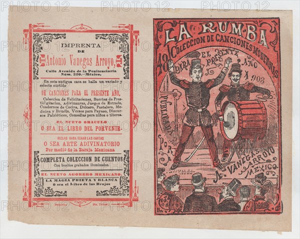 Cover for 'La Rumba: Coleccion de Canciones Modernas para el Presente Año 1903', a conductor and a drummer performing on stage for an audience, ca. 1903.