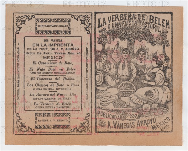 Cover for 'La Verbena de Belen o Una Fiesta Pastoril", people having a picnic in a field, ca. 1901.