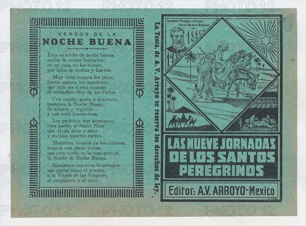 Cover for 'Las Nueves Jornadas de los Santos Peregrinos', Mary on horseback and Joseph being guided through Egypt by an angel, ca. 1880.