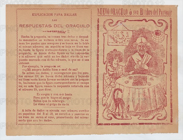 Cover for 'Nuevo Oraculo ó sea El Libro del Porvenír', an old women seated at a table and reading someone's fortune from cards, ca. 1880-1910.