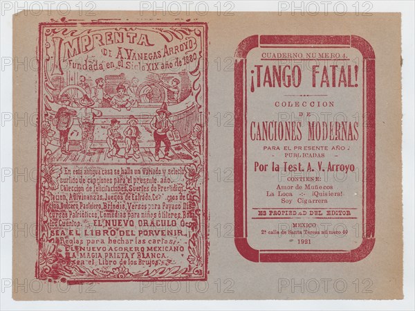Cover for 'Tango Fatal! Coleccion de Canciones Modernas', ca. 1921.