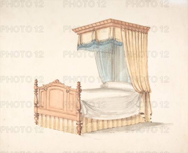 Design for a Bed with Yellow and Blue Fringed Hangings, early 19th century.