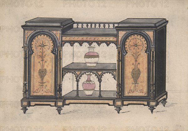 Design for a Cabinet with Two Central Shelves and Arched Doors, 19th century.