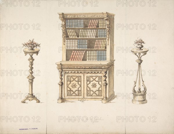Design for a Cabinet-Bookcase and Two Stands for Flowers, early 19th century.