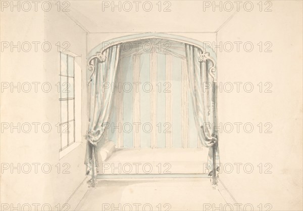 Design for a Canopied Bed with Pale Blue and White Hangings, early 19th century.