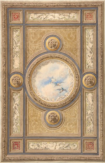Design for a carved and painted ceiling with clouds and ducks in the central circular panel, 1830-97.