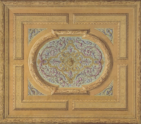 Design for a ceiling decorated with bands of oak leaves and a central panel of scrolls and rinceaux, 1830-97.
