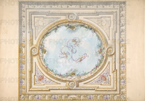 Design for a ceiling in rococo style with a trompe l'oeil oculus, 19th century.