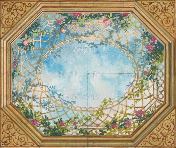 Design for a ceiling painted with clouds, trellises, and roses, second half 19th century.