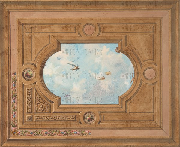 Design for a ceiling with a trompe l'oeil sky filled with birds, 19th century.