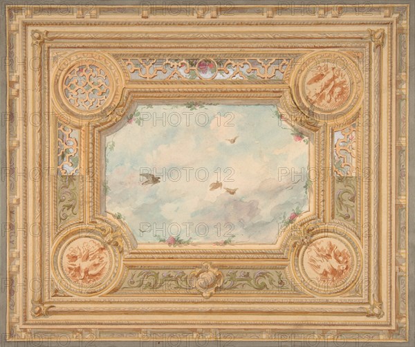 Design for a ceiling with four medallions and sky motif in center, second half 19th century.